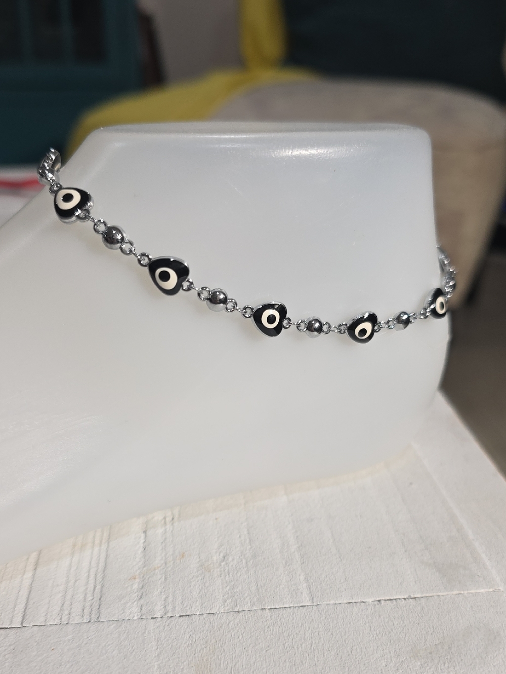 14k Silver Plated Black and White Evil Eye Ankle Bracelet - Women Jewelry